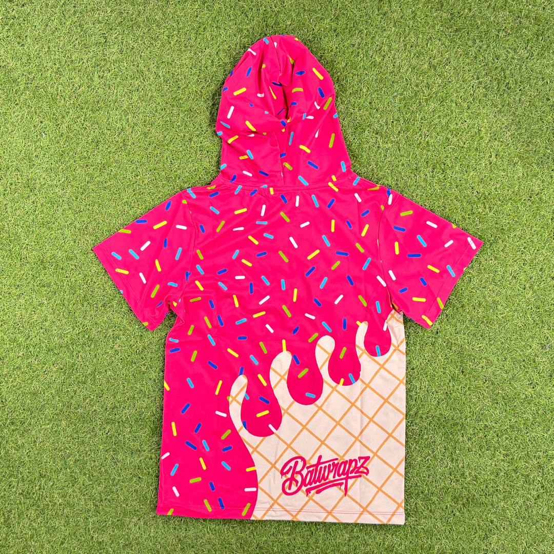 BatWrapz Baseball Pink Ice Cream Short Sleeve Performance Hoodie - Youth
