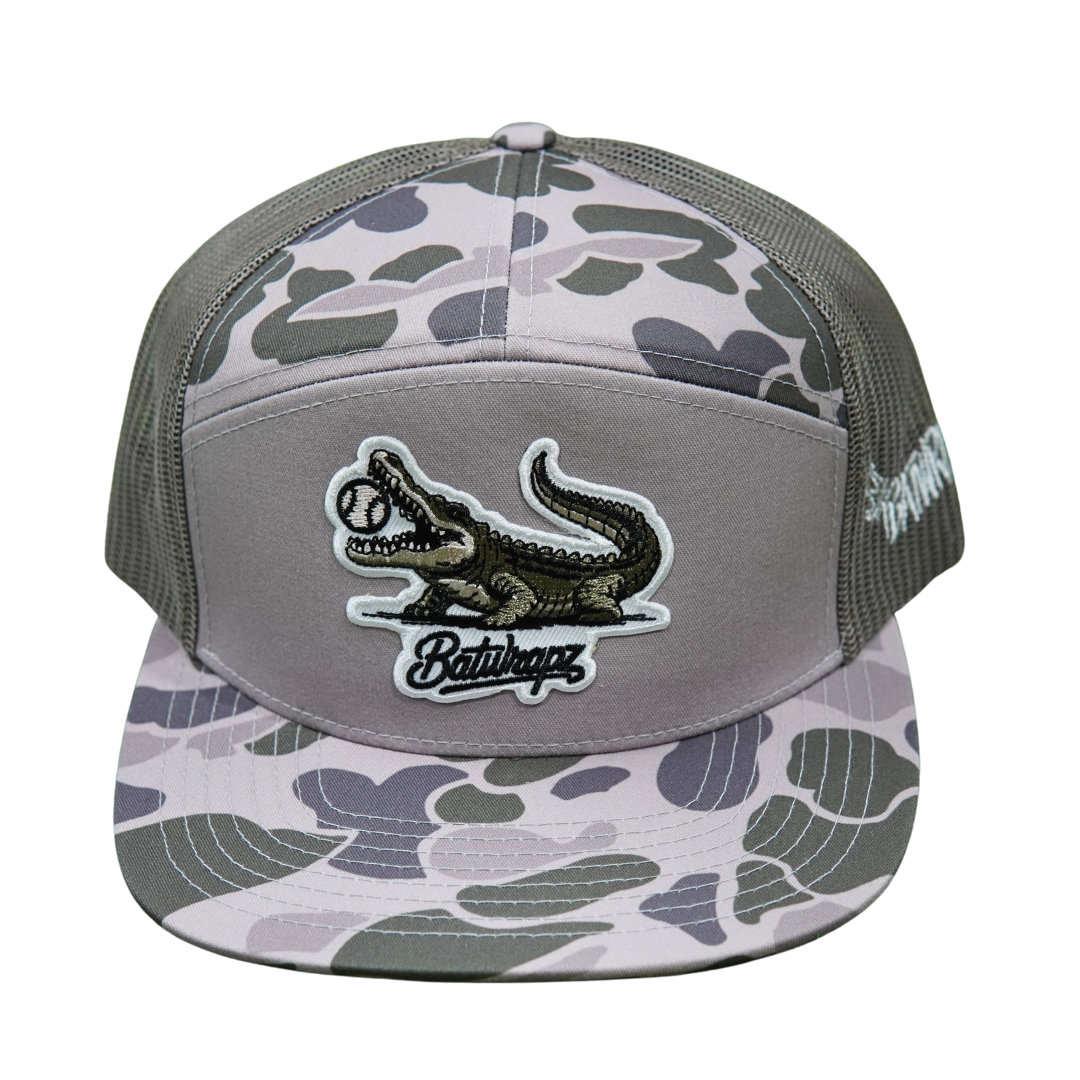 BatWrapz Baseball Diamond Gator Hat 7 Panel Snap Back - Loden Marsh Camo