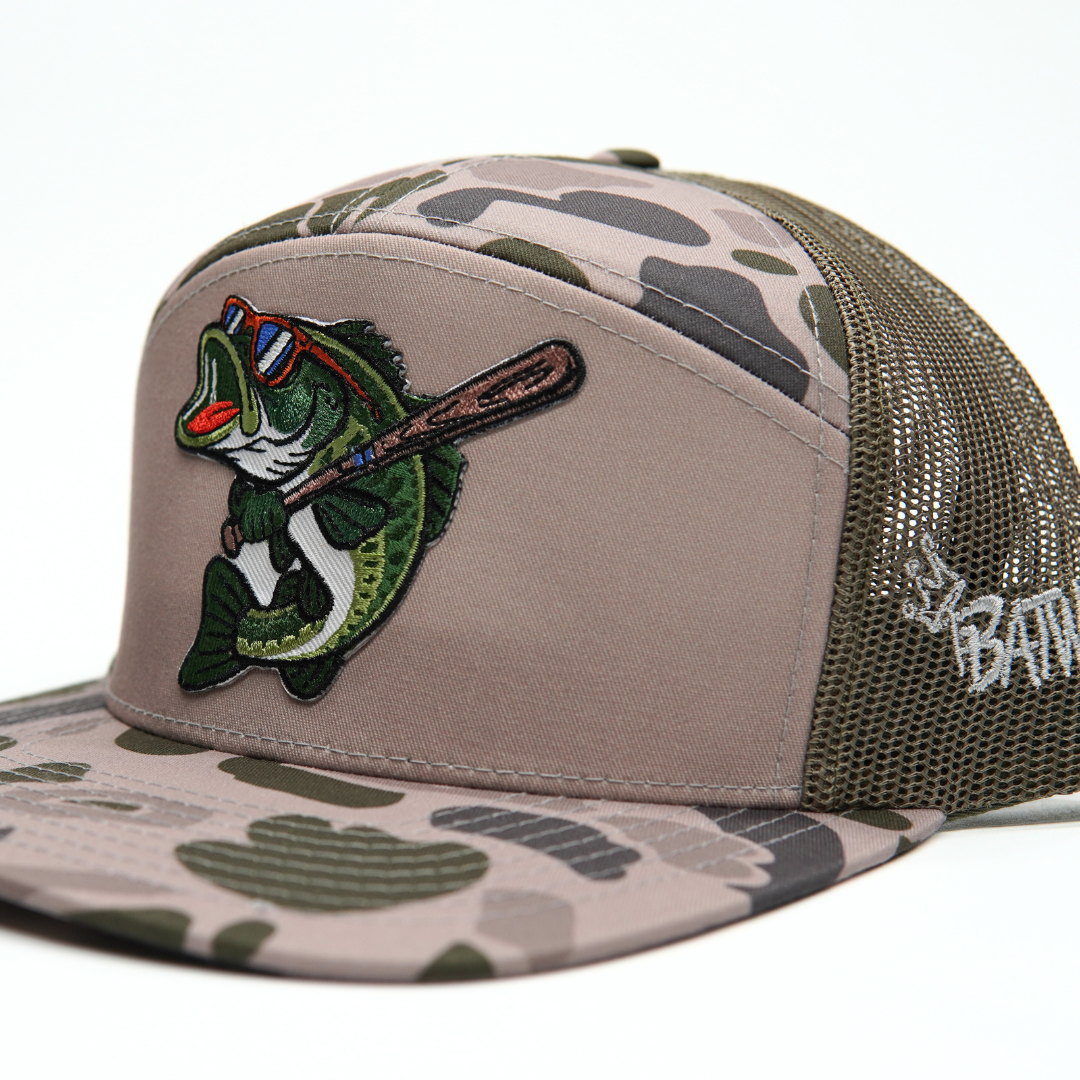 BatWrapz "Baseball Bass" 7 Panel Flat Bill Snap Back Hat - Marsh Camo