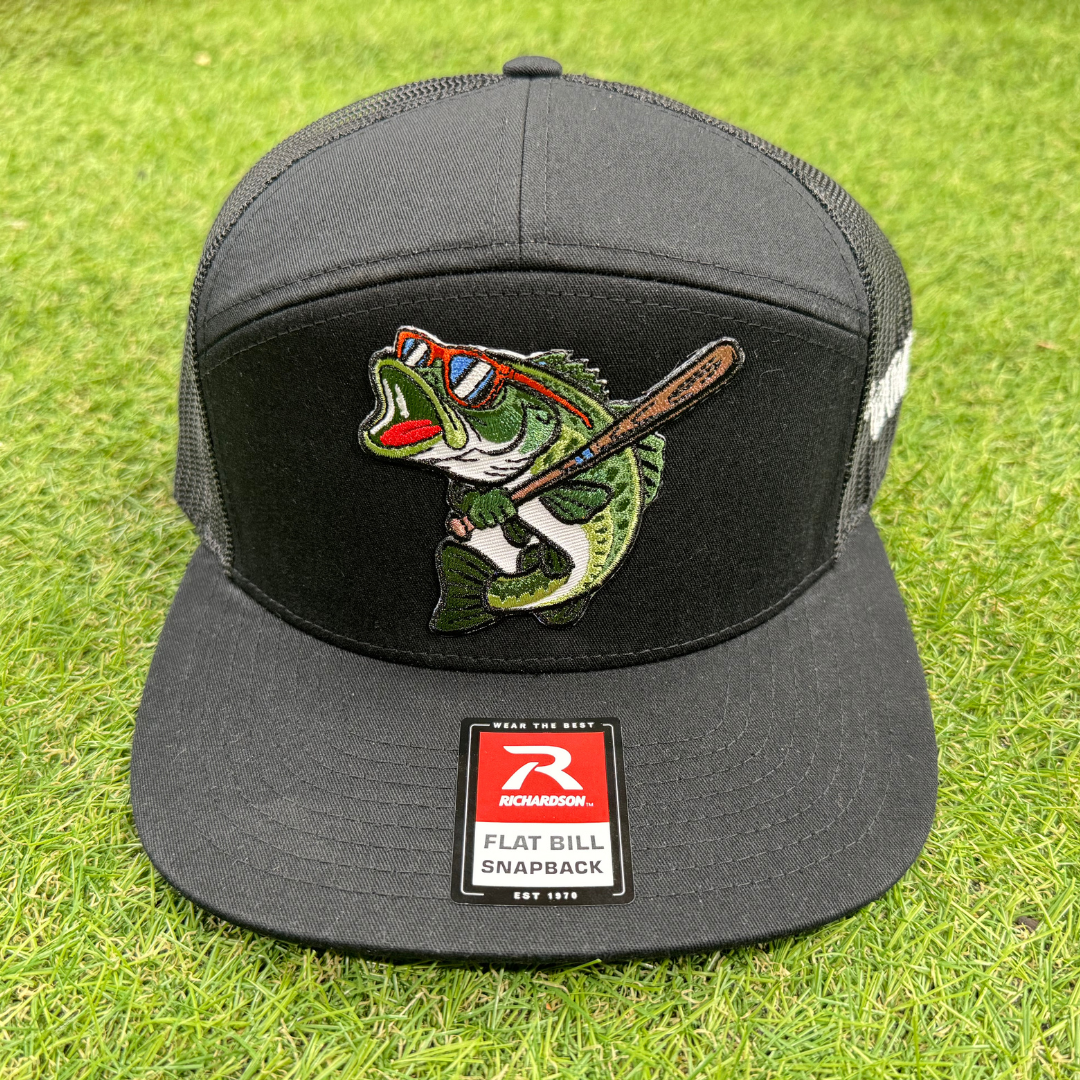BatWrapz "Baseball Bass" 7 Panel Flat Bill Snap Back Hat - Black