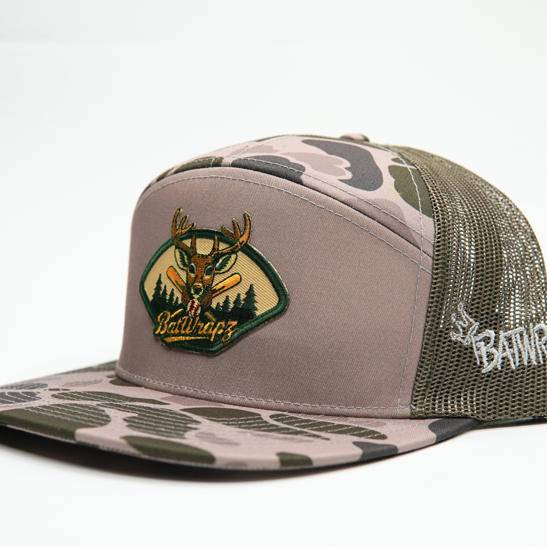 BatWrapz Baseball Deer Patch Hat 7 Panel Snap Back - Marsh Camo