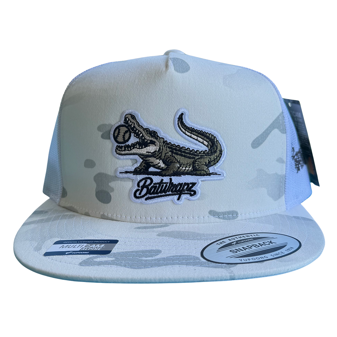 BatWrapz "Diamond Gator" 7 Panel Flat Bill Snap Back Hat - White Multi Cam