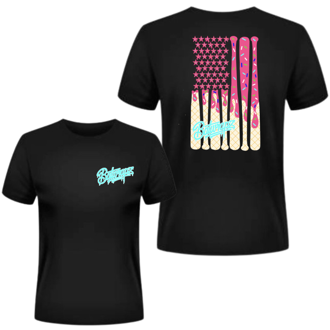 BatWrapz "Pink Baseball Ice Cream Flag" Youth T-Shirt - Black