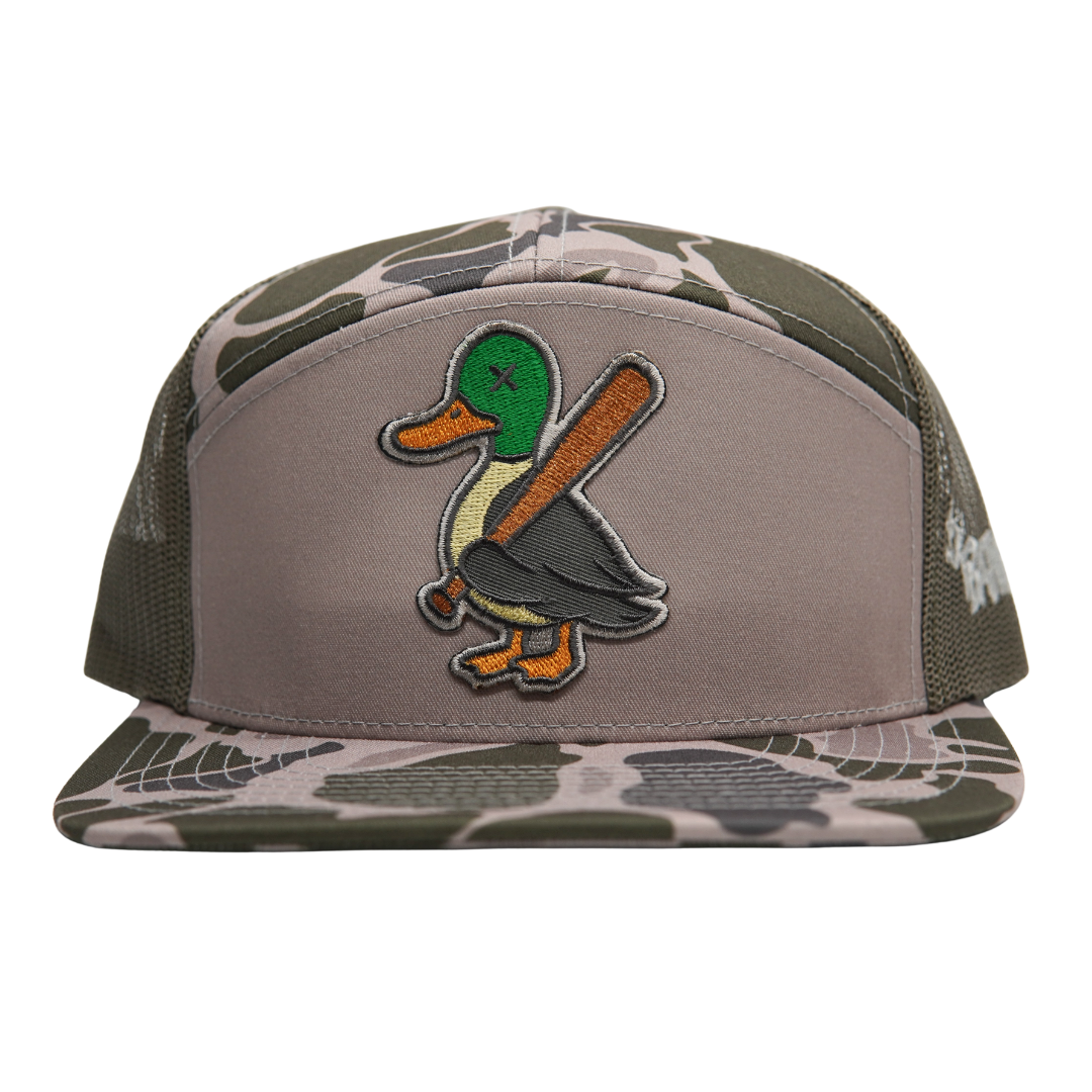 BatWrapz "Quackz" 7 Panel Flat Bill Snap Back Hat - Marsh Camo