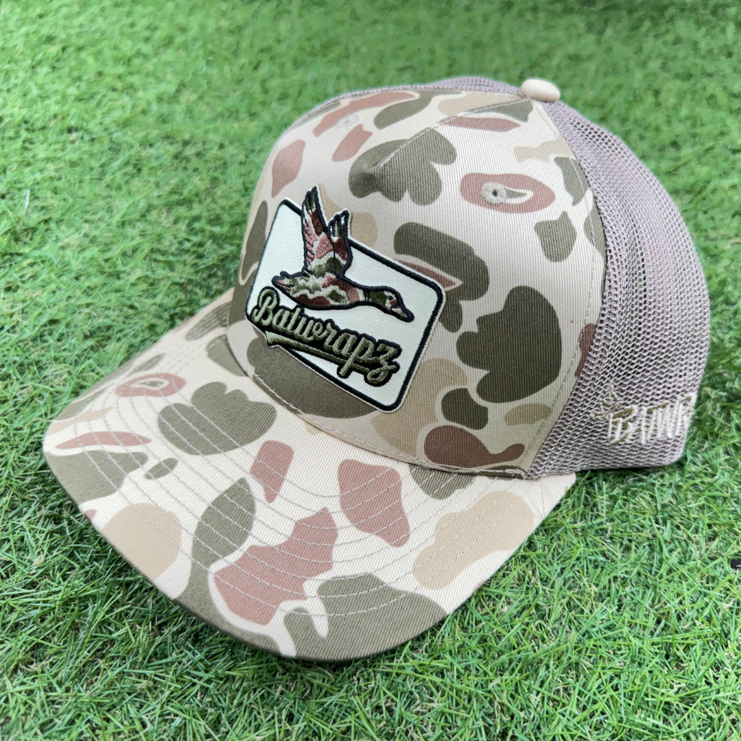BatWrapz Baseball Duck Patch Hat 5 Panel Snap Back - Tan Duck Camo