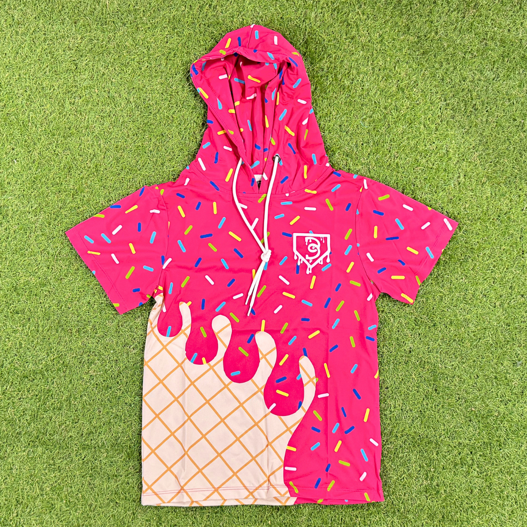 BatWrapz Baseball Pink Ice Cream Short Sleeve Performance Hoodie - Youth