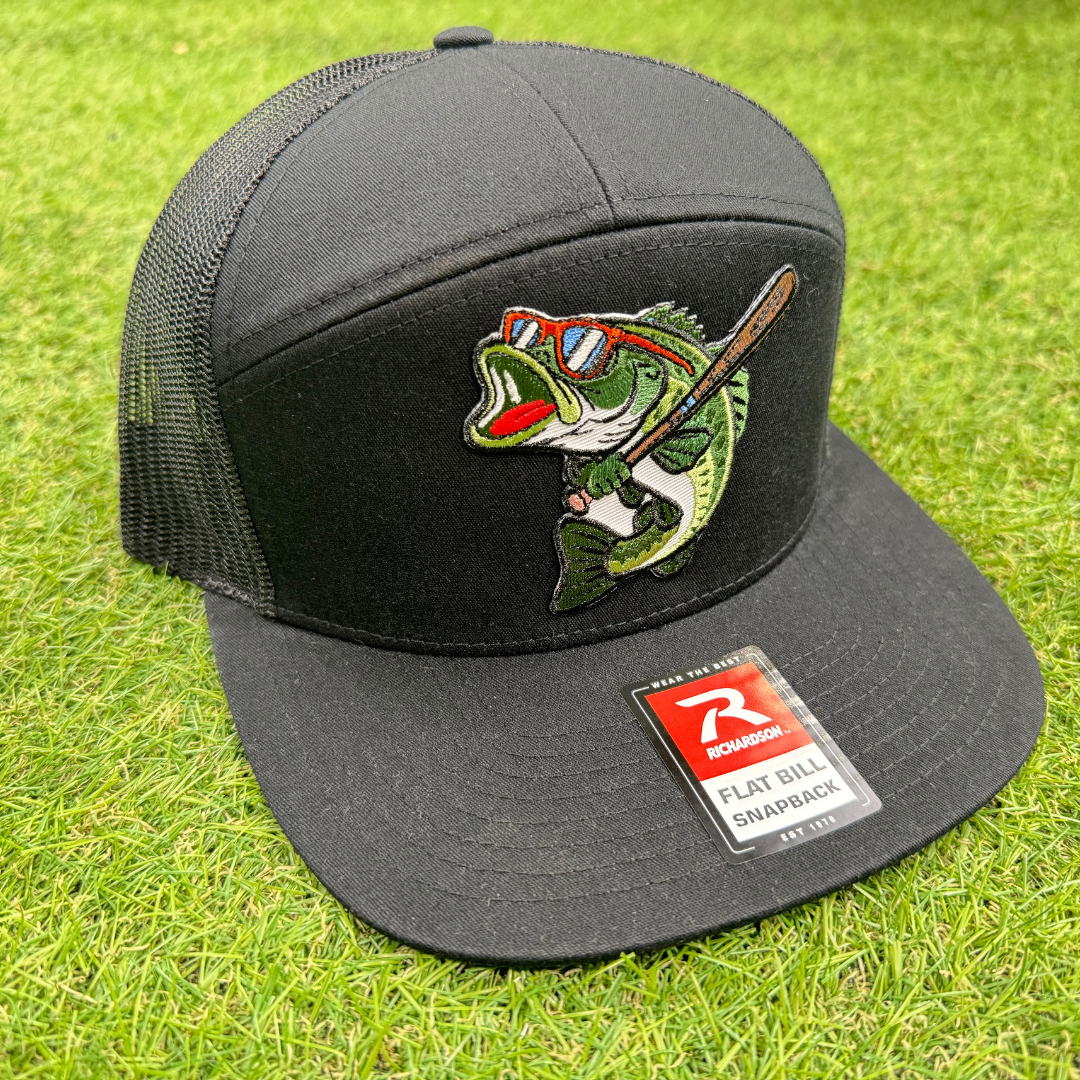BatWrapz "Baseball Bass" 7 Panel Flat Bill Snap Back Hat - Black