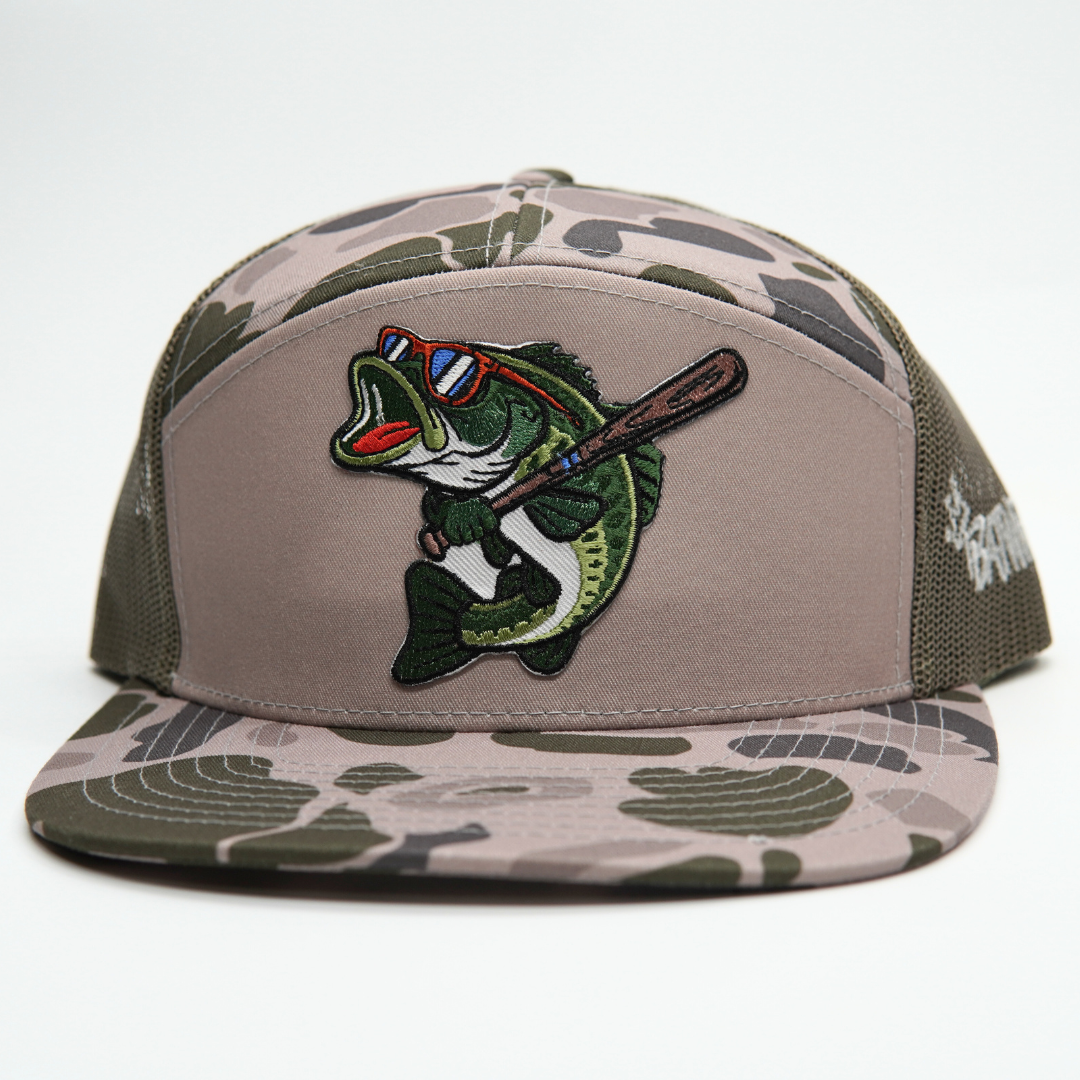 BatWrapz "Baseball Bass" 7 Panel Flat Bill Snap Back Hat - Marsh Camo