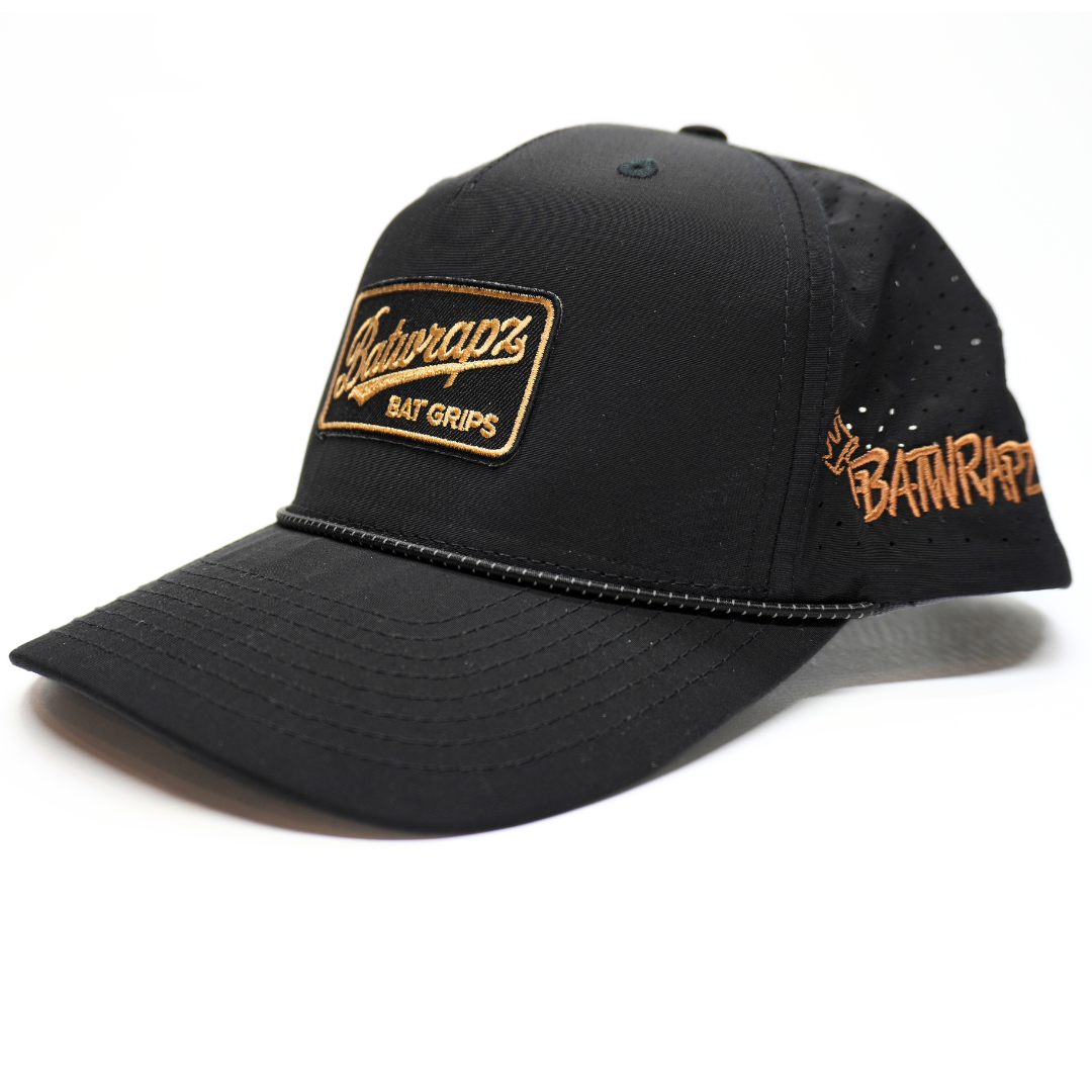 BatWrapz Bat Grips Gold Patch Hat 5 Panel Snap Back Rope Hat - Black