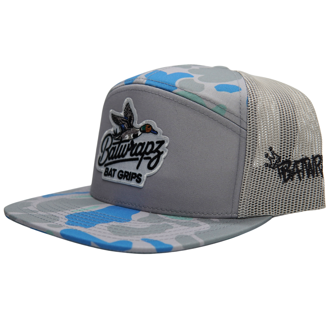 BatWrapz Bat Grips Duck Logo 7 Panel Flat Bill Snap Back Hat - Saltwater Duck Camo