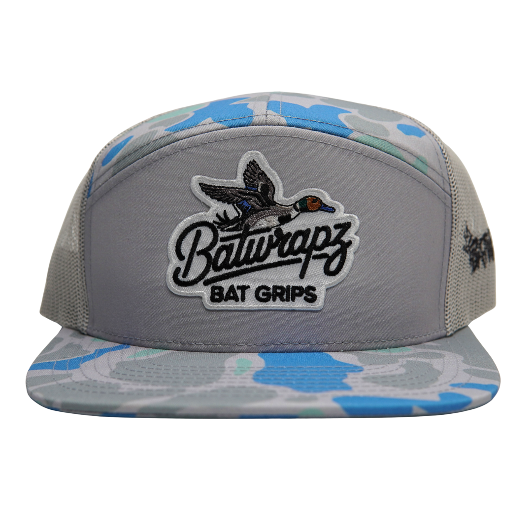 BatWrapz Bat Grips Duck Logo 7 Panel Flat Bill Snap Back Hat - Saltwater Duck Camo