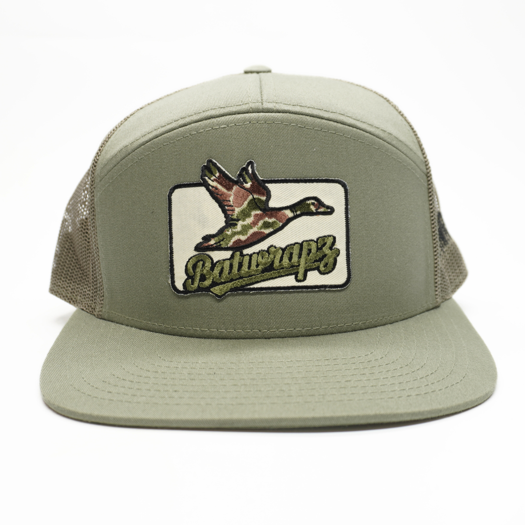 BatWrapz "Camo Duck" 7 Panel Flat Bill Snap Back Hat - Loden Green