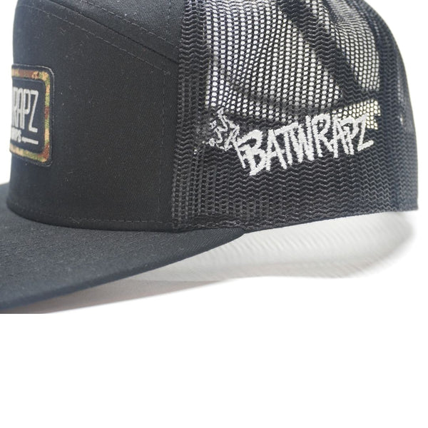 BatWrapz "Camo Badge" 7 Panel Flat Bill Snap Back Hat - Black