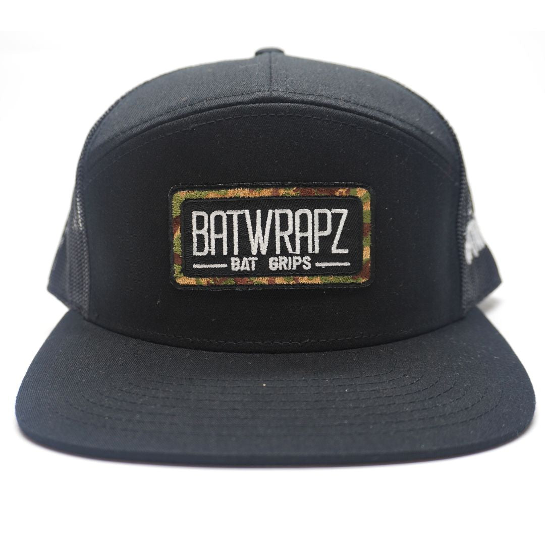 BatWrapz "Camo Badge" 7 Panel Flat Bill Snap Back Hat - Black