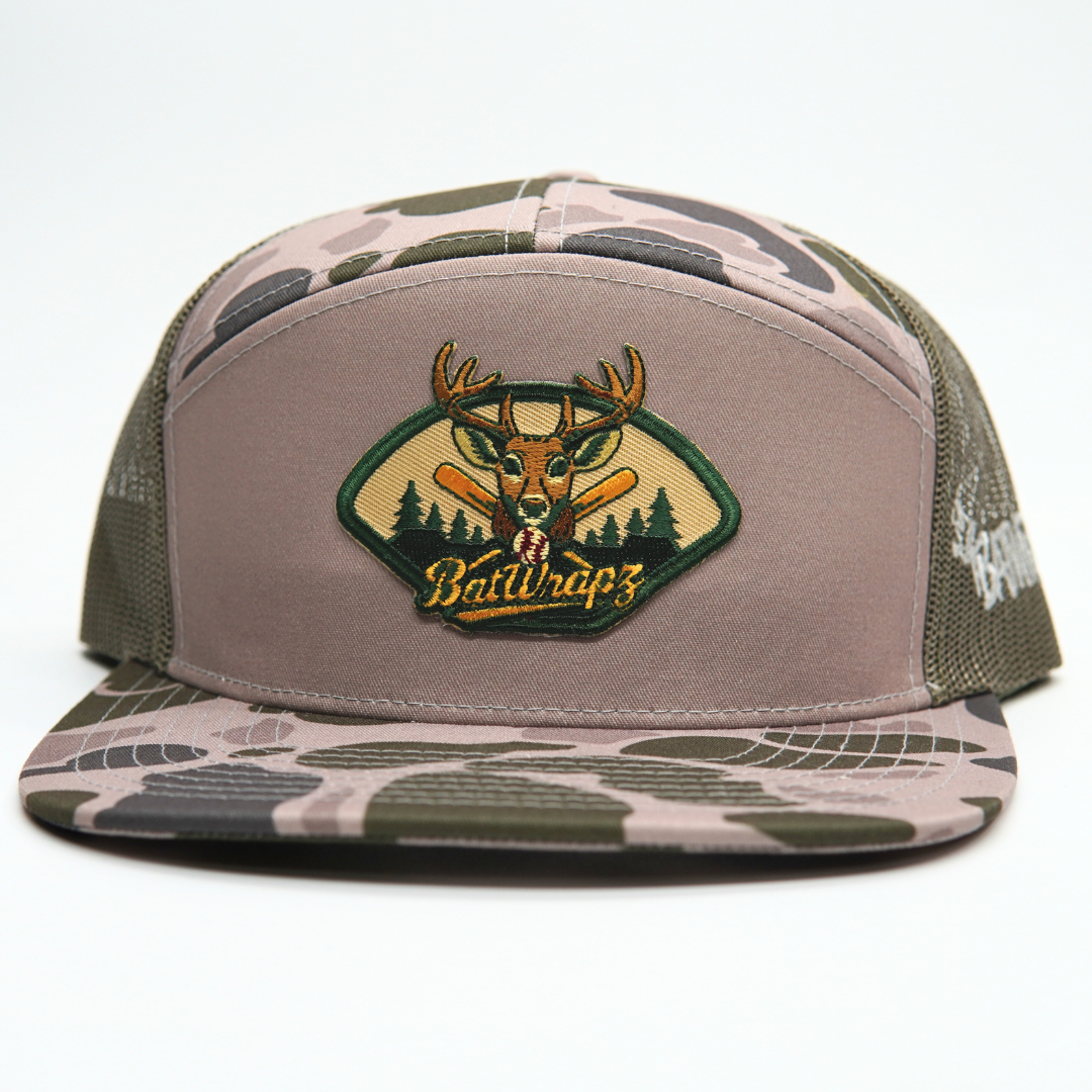 BatWrapz Baseball Deer Patch Hat 7 Panel Snap Back - Marsh Camo