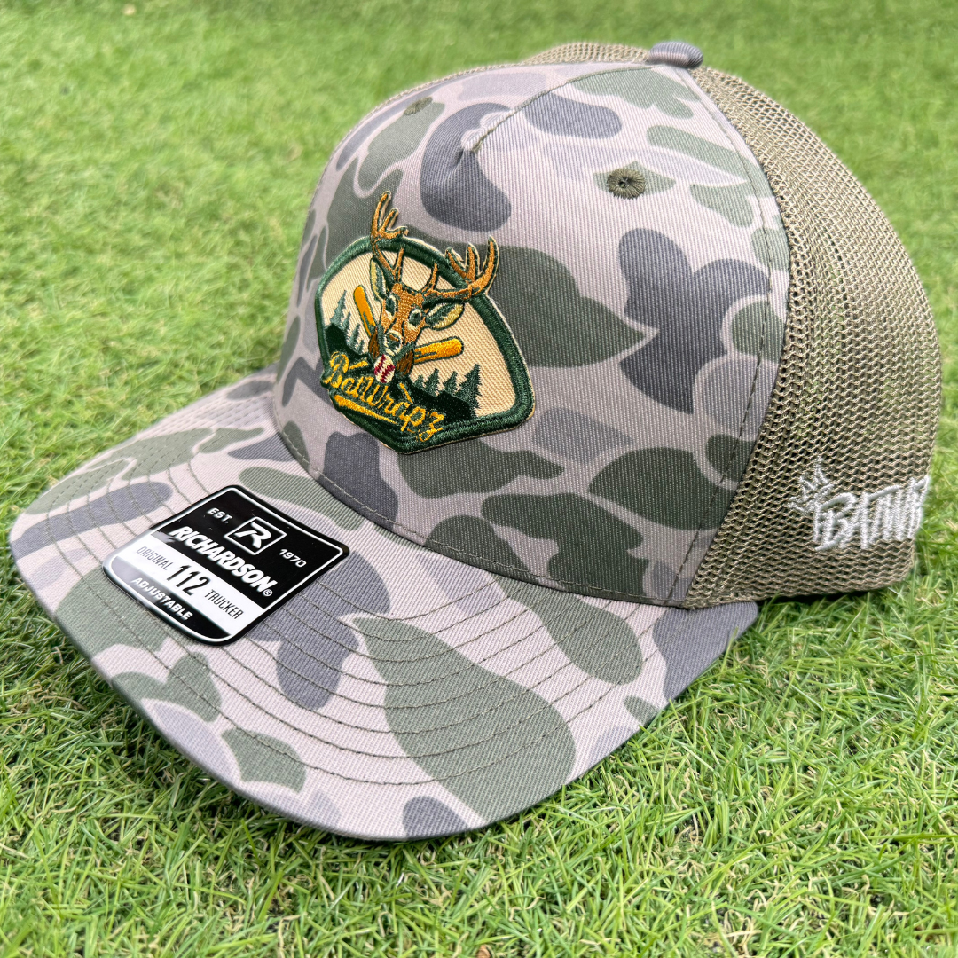 BatWrapz Baseball Deer Patch Hat 5 Panel Snap Back - Camo