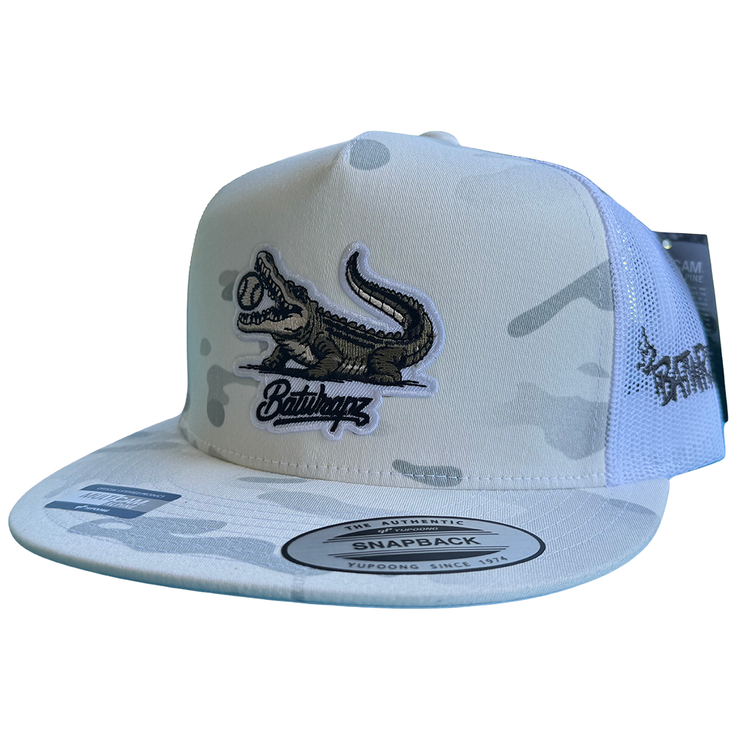 BatWrapz "Diamond Gator" 7 Panel Flat Bill Snap Back Hat - White Multi Cam
