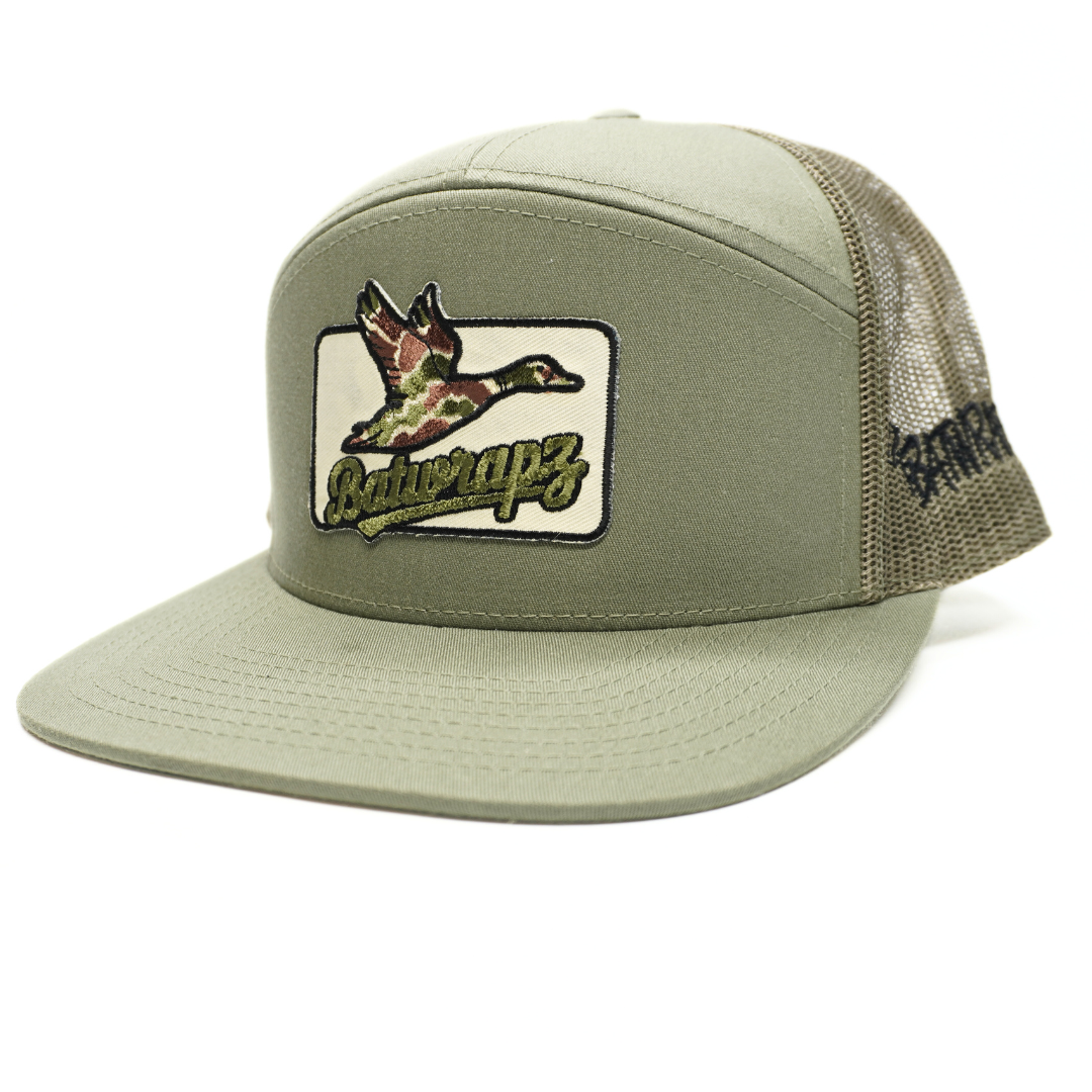 BatWrapz "Camo Duck" 7 Panel Flat Bill Snap Back Hat - Loden Green