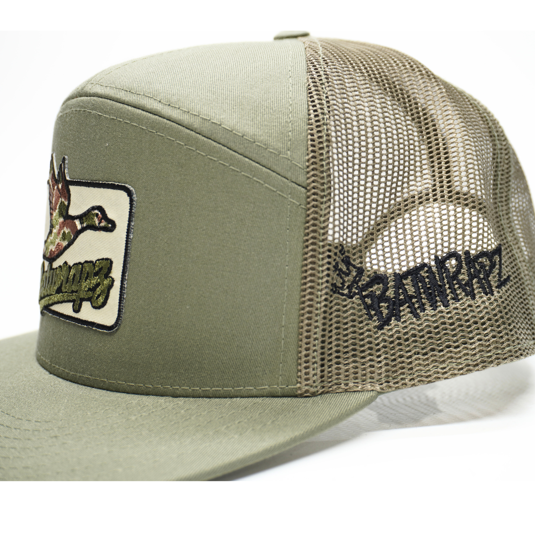 BatWrapz "Camo Duck" 7 Panel Flat Bill Snap Back Hat - Loden Green