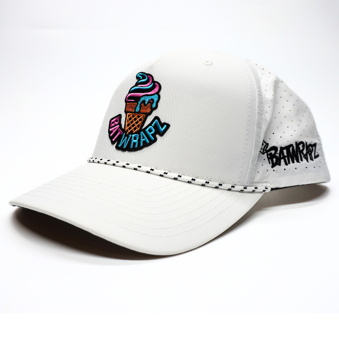 BatWrapz Ice Cream Patch Hat 5 Panel Snap Back Rope Hat - White