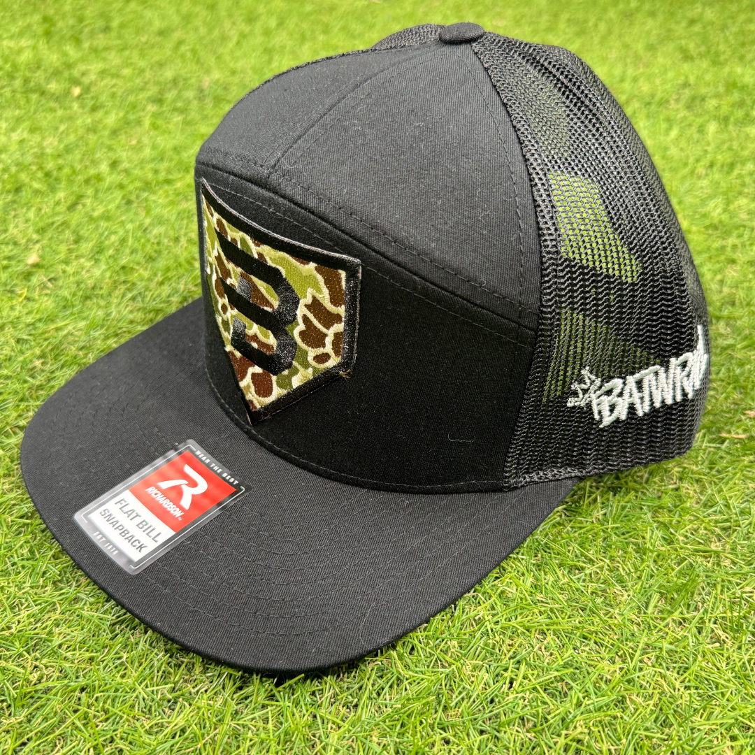 BatWrapz "Camo Logo" 7 Panel Flat Bill Snap Back Hat - Black