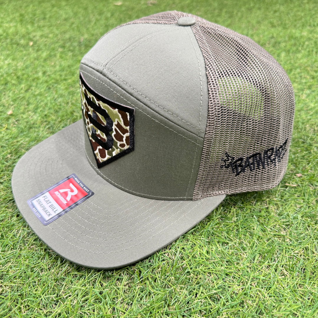 BatWrapz "Camo Logo" 7 Panel Flat Bill Snap Back Hat - Loden Green
