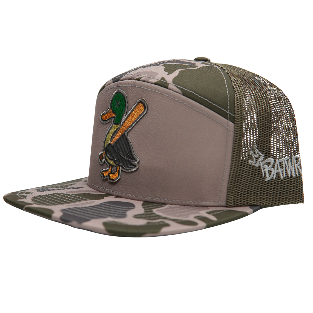 BatWrapz "Quackz" 7 Panel Flat Bill Snap Back Hat - Marsh Camo